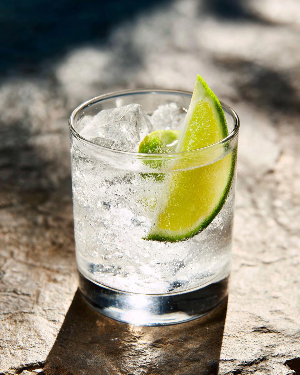 A close-up of a clear glass filled with ice and a Ranch Water Cocktail, garnished with lime wedges.
