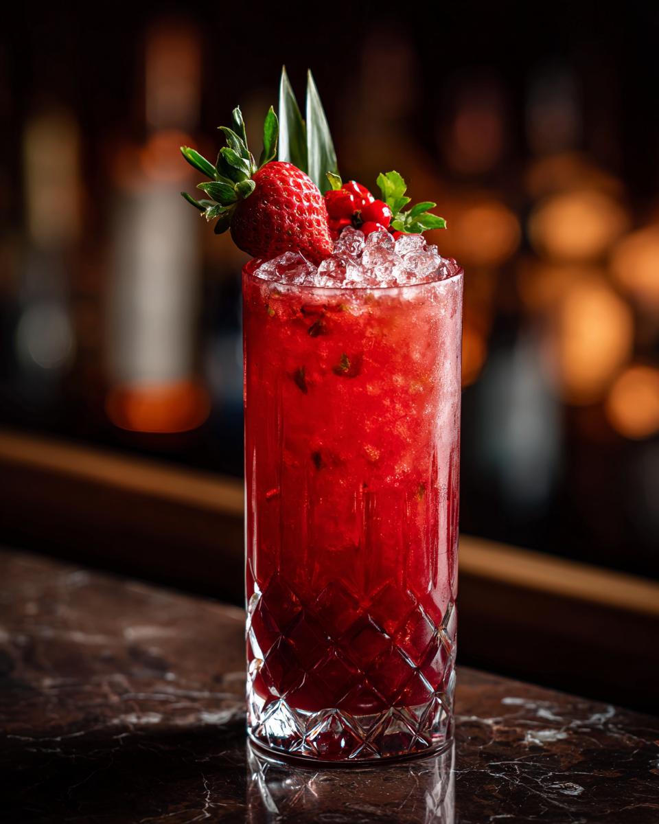 A refreshing red berry cocktail, garnished with a strawberry and mint, perfect for Super Bowl 2024.