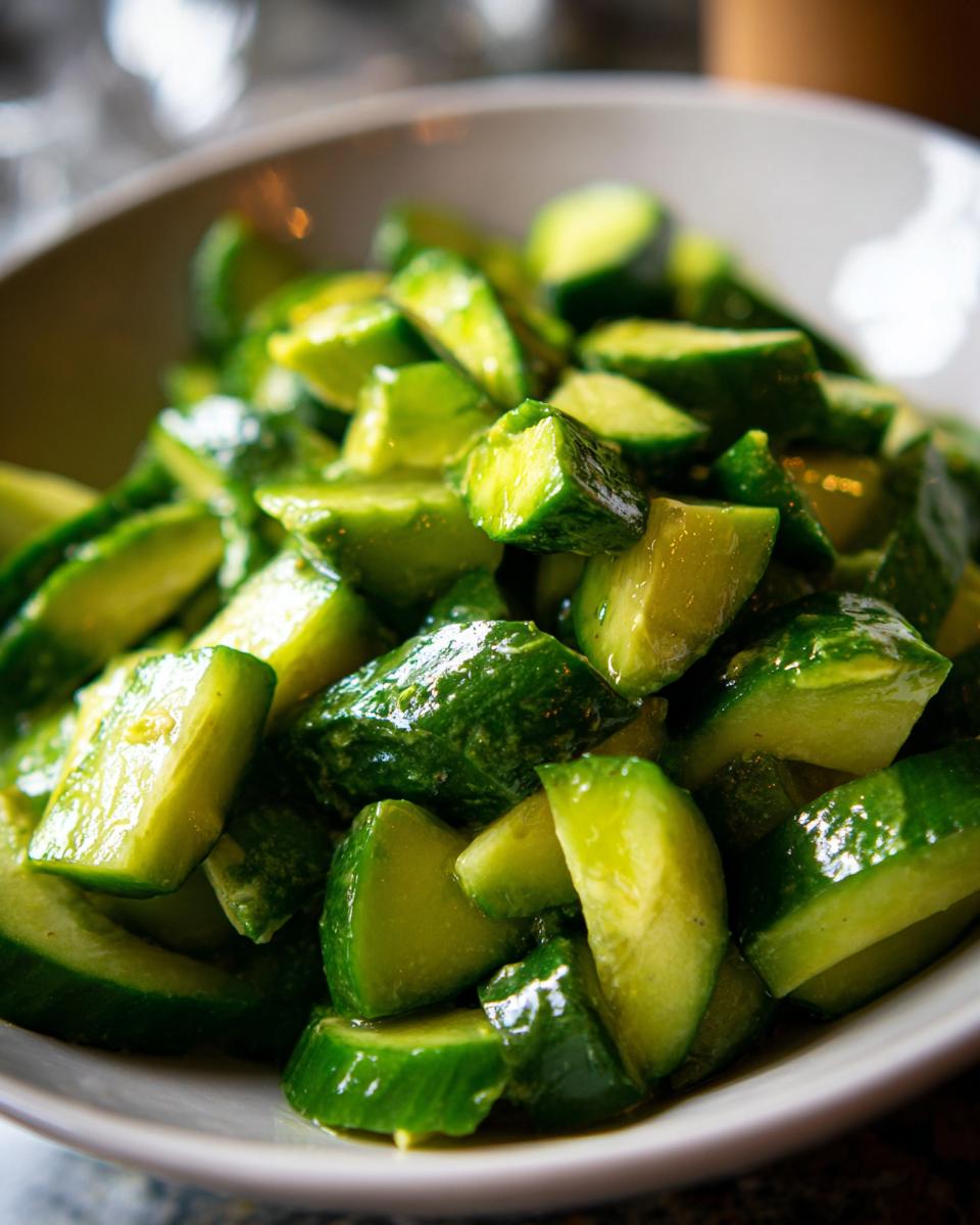 Close-up of a Refreshing Cucumber Avocado Salad, showcasing vibrant green chopped cucumbers and creamy avocado in a bowl.