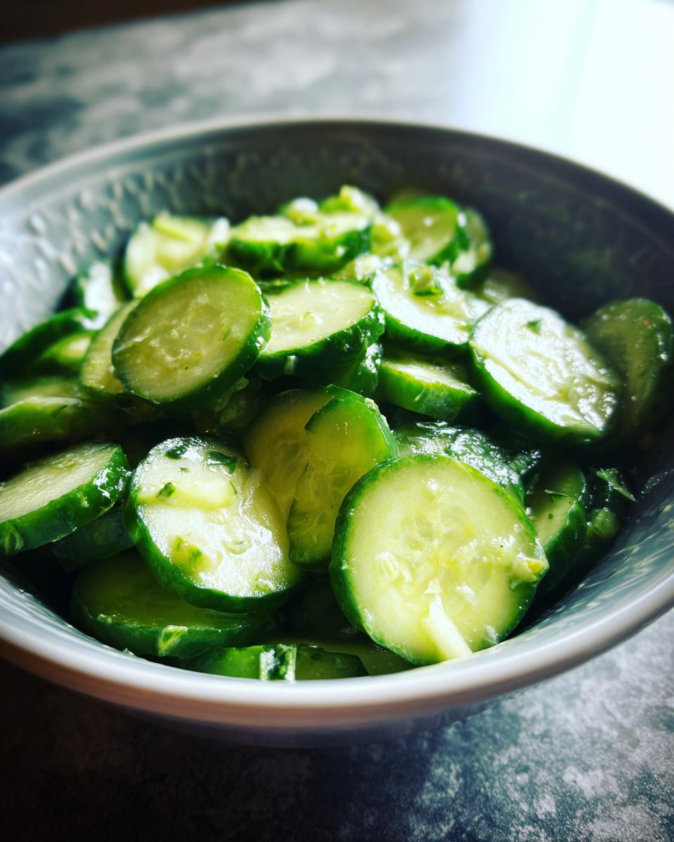 Close-up of a Refreshing Cucumber Avocado Salad in a bowl, featuring sliced cucumbers coated in a creamy dressing.