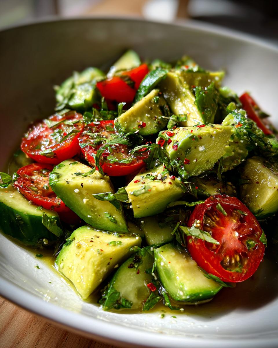 A close-up of a refreshing cucumber avocado salad with cherry tomatoes and fresh herbs, perfect for summer.