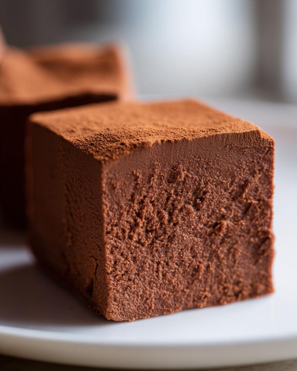 Close-up of a perfectly cut square of rich, dark Brown Sugar Fudge dusted generously with cocoa powder.