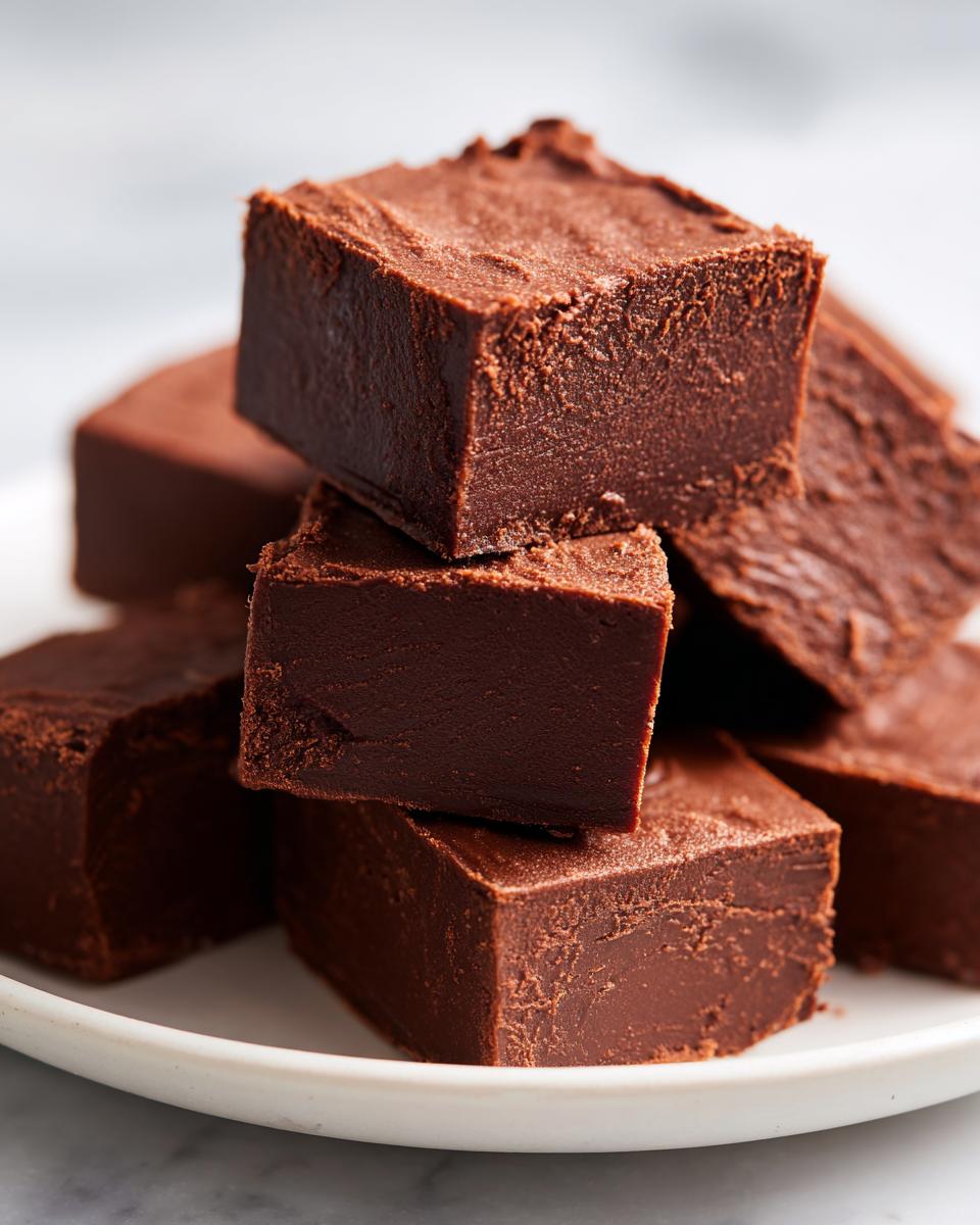 A stack of rich, dark chocolate squares of Fantasy Fudge piled on a white plate.