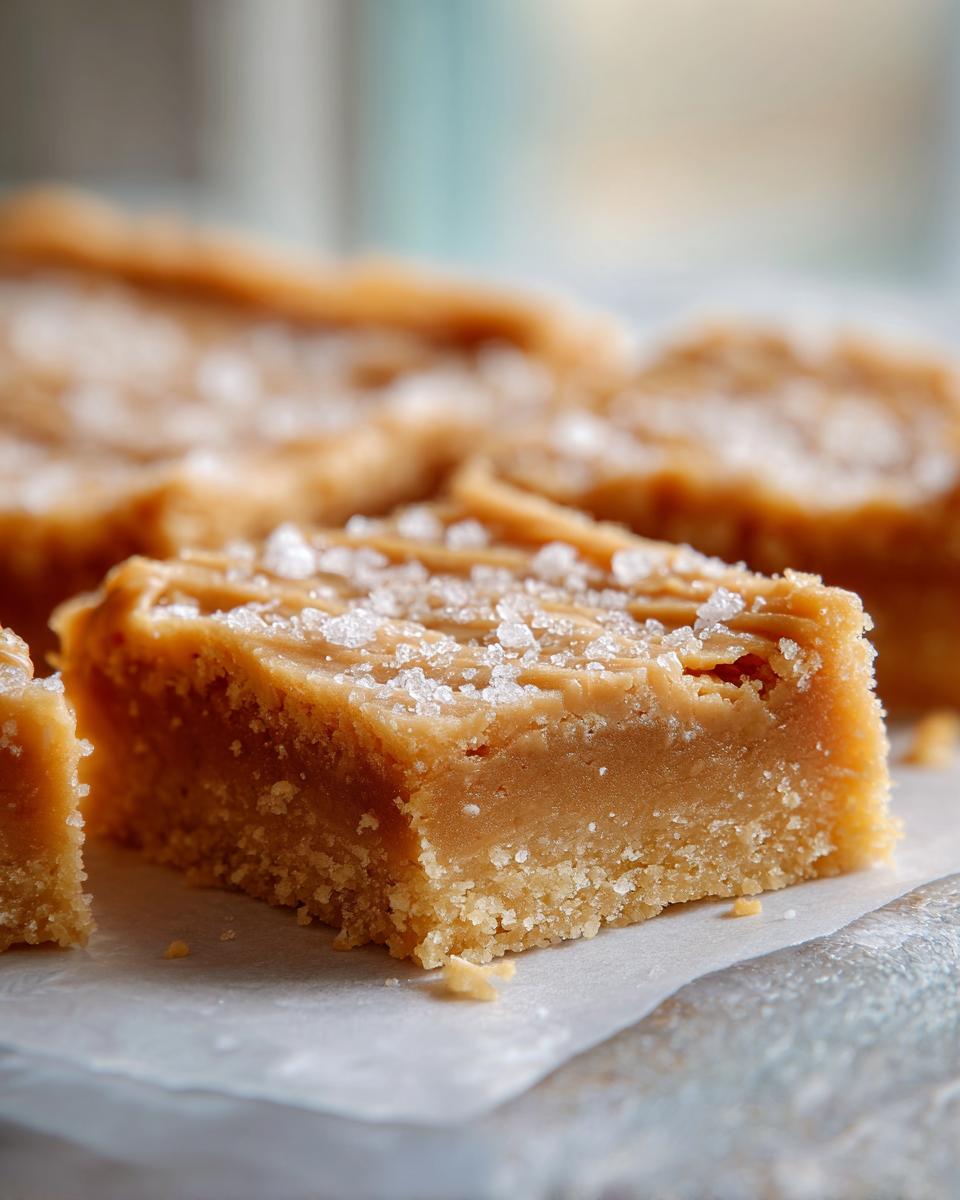 A close-up of a thick, square Peanut Butter Cookie Bars slice topped with flaky sea salt.