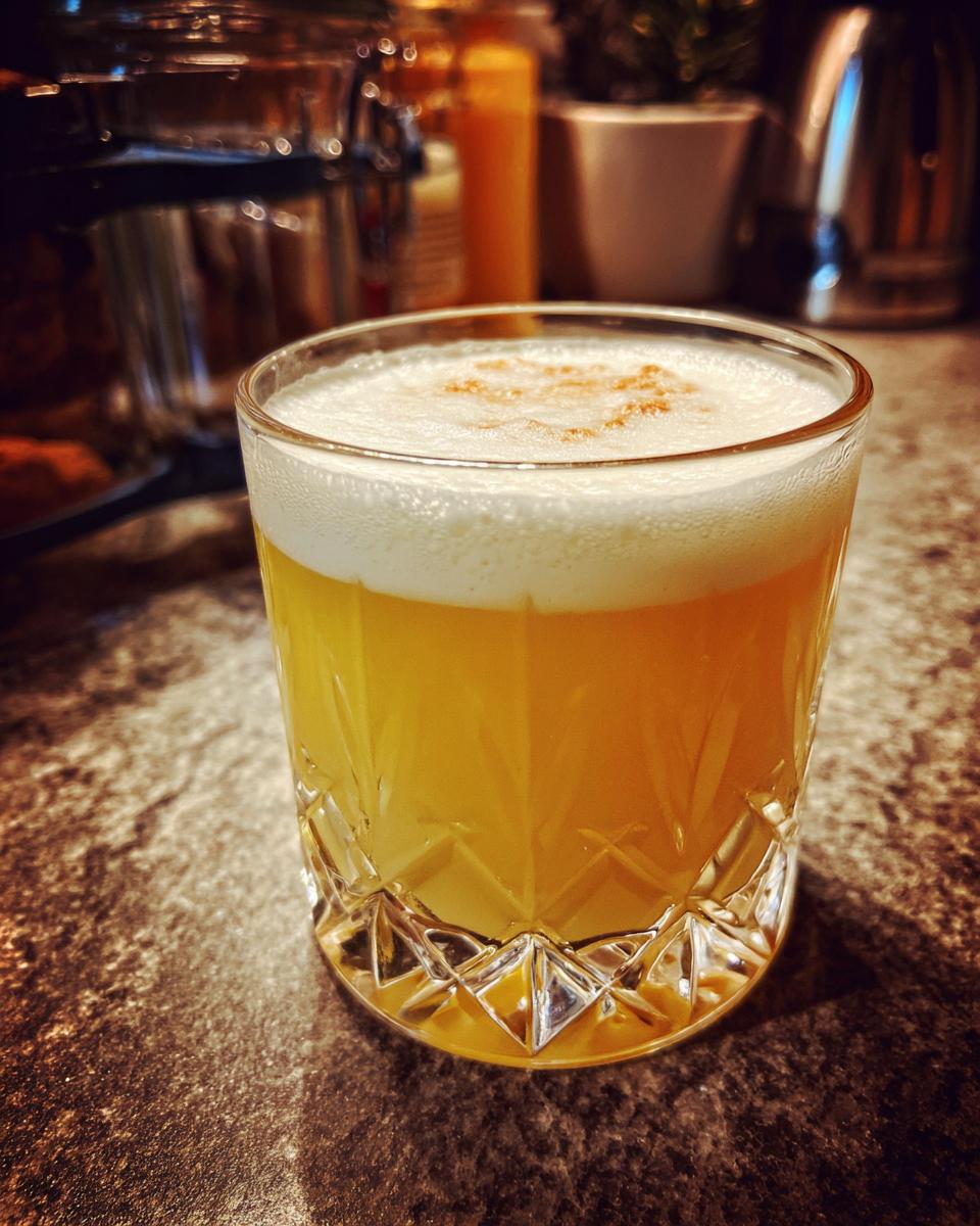 A perfectly crafted Scotch Sour cocktail in a crystal glass, topped with a frothy head and a sprinkle of spice.