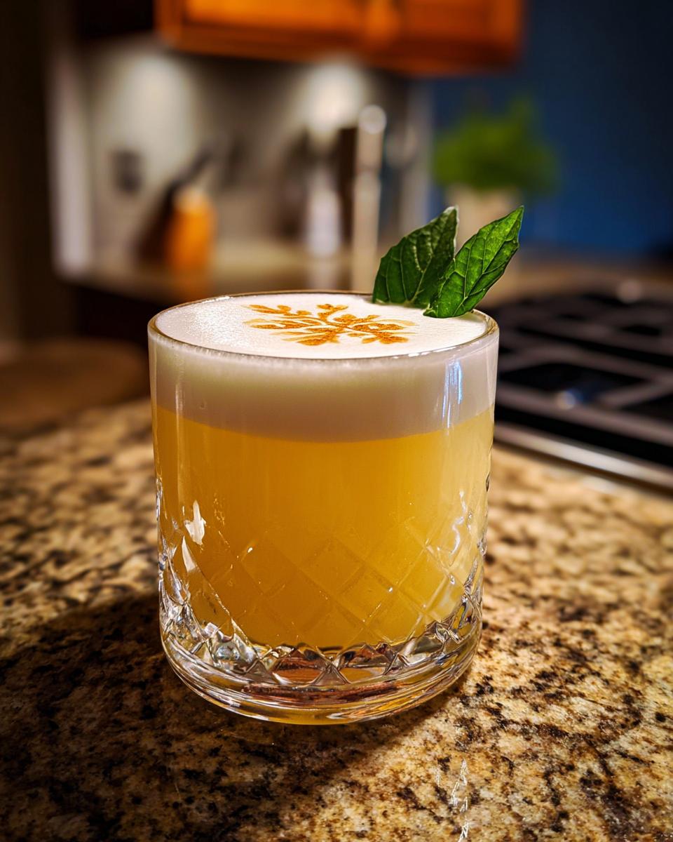 A perfectly crafted Scotch Sour cocktail in a crystal glass, garnished with mint and a decorative pattern on the foam.