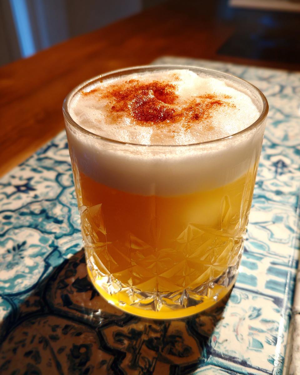 A close-up of a Scotch Sour cocktail with a frothy top dusted with cinnamon.