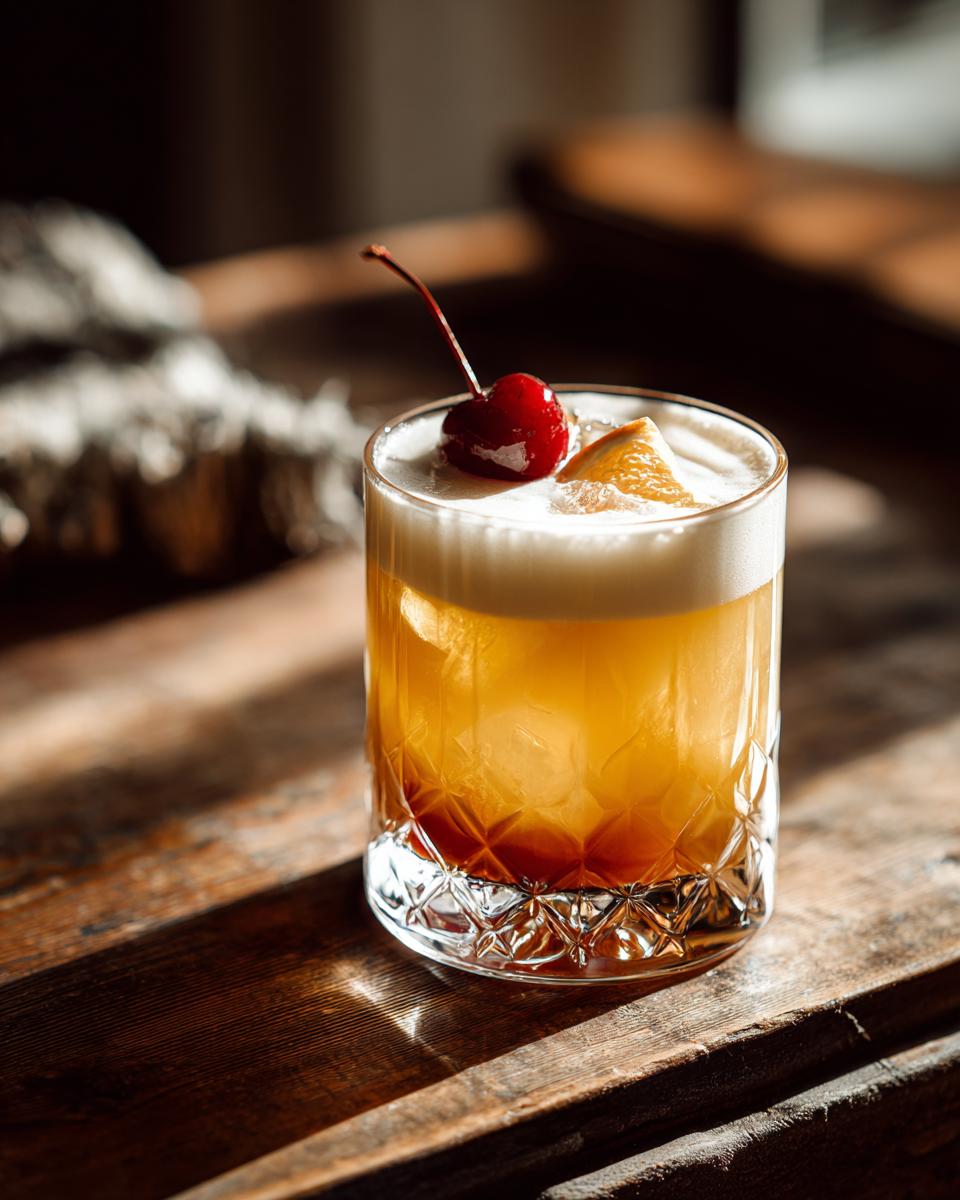 A perfectly crafted Scotch Sour Cocktail with a foamy top, garnished with a cherry and orange slice, ready to be enjoyed.