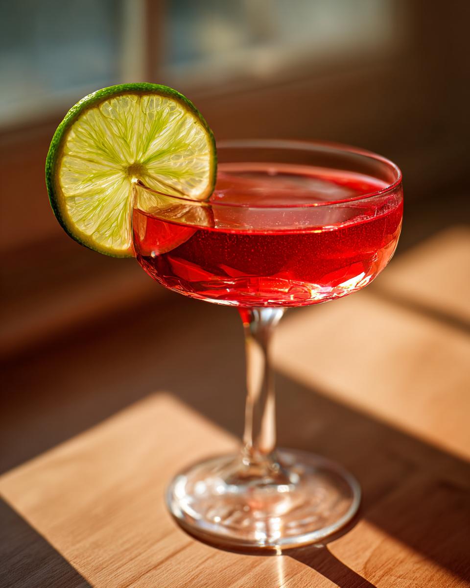 A vibrant red Siesta Cocktail in a coupe glass, garnished with a bright green lime slice, catching the sunlight.