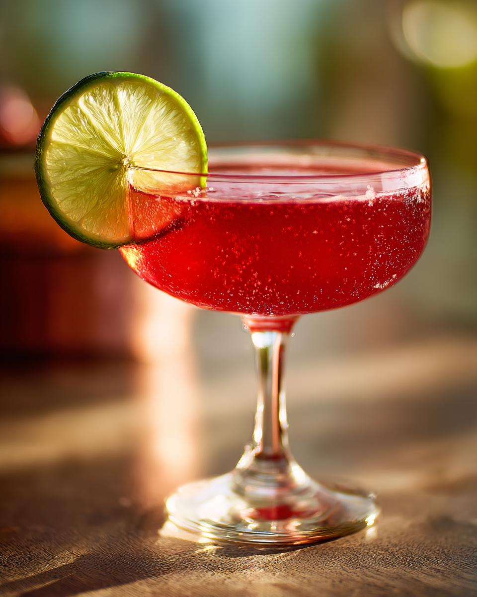 A vibrant red Siesta Cocktail in a coupe glass, garnished with a lime wheel and filled with tiny bubbles.