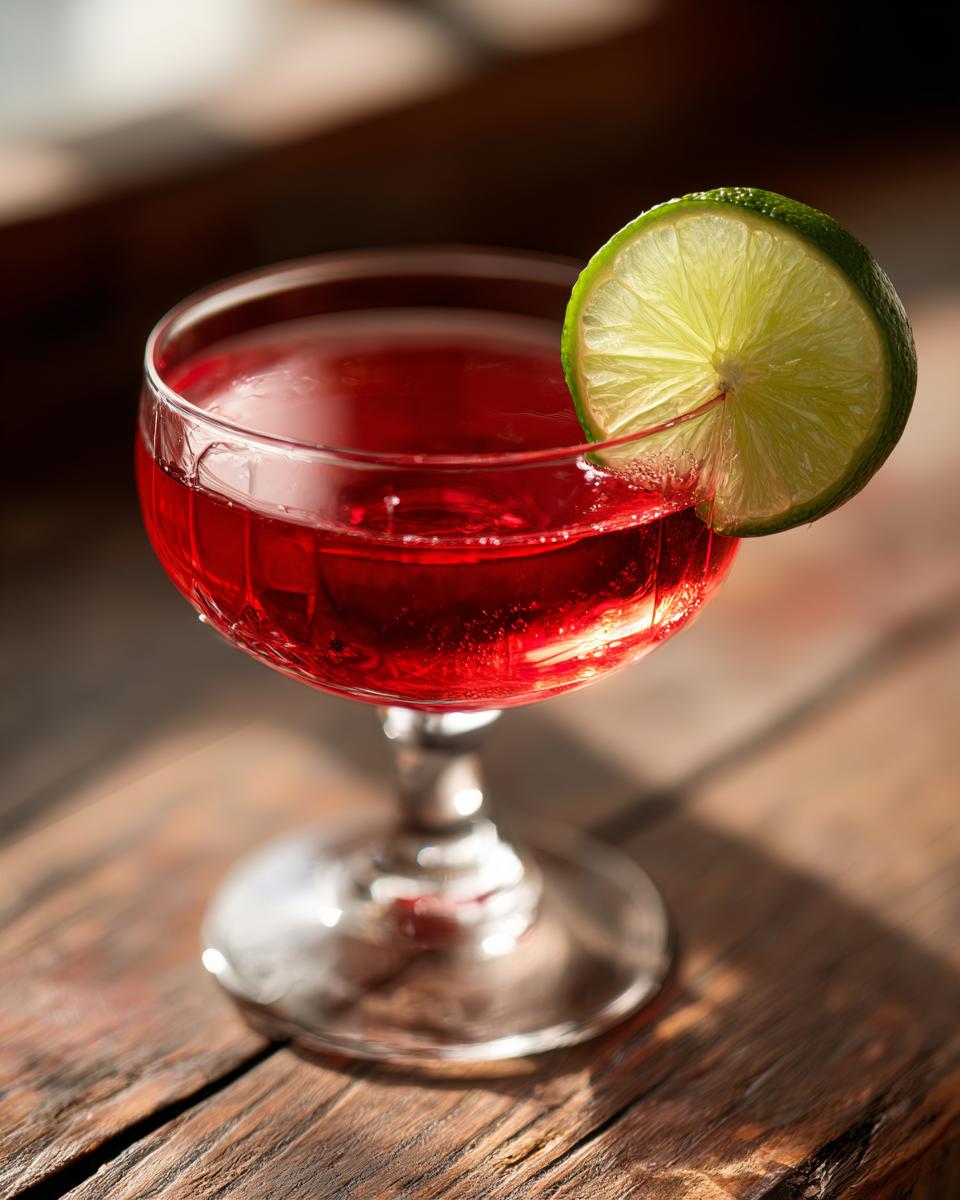 A vibrant red Siesta Cocktail in a coupe glass, garnished with a fresh lime wheel, set on a rustic wooden surface.