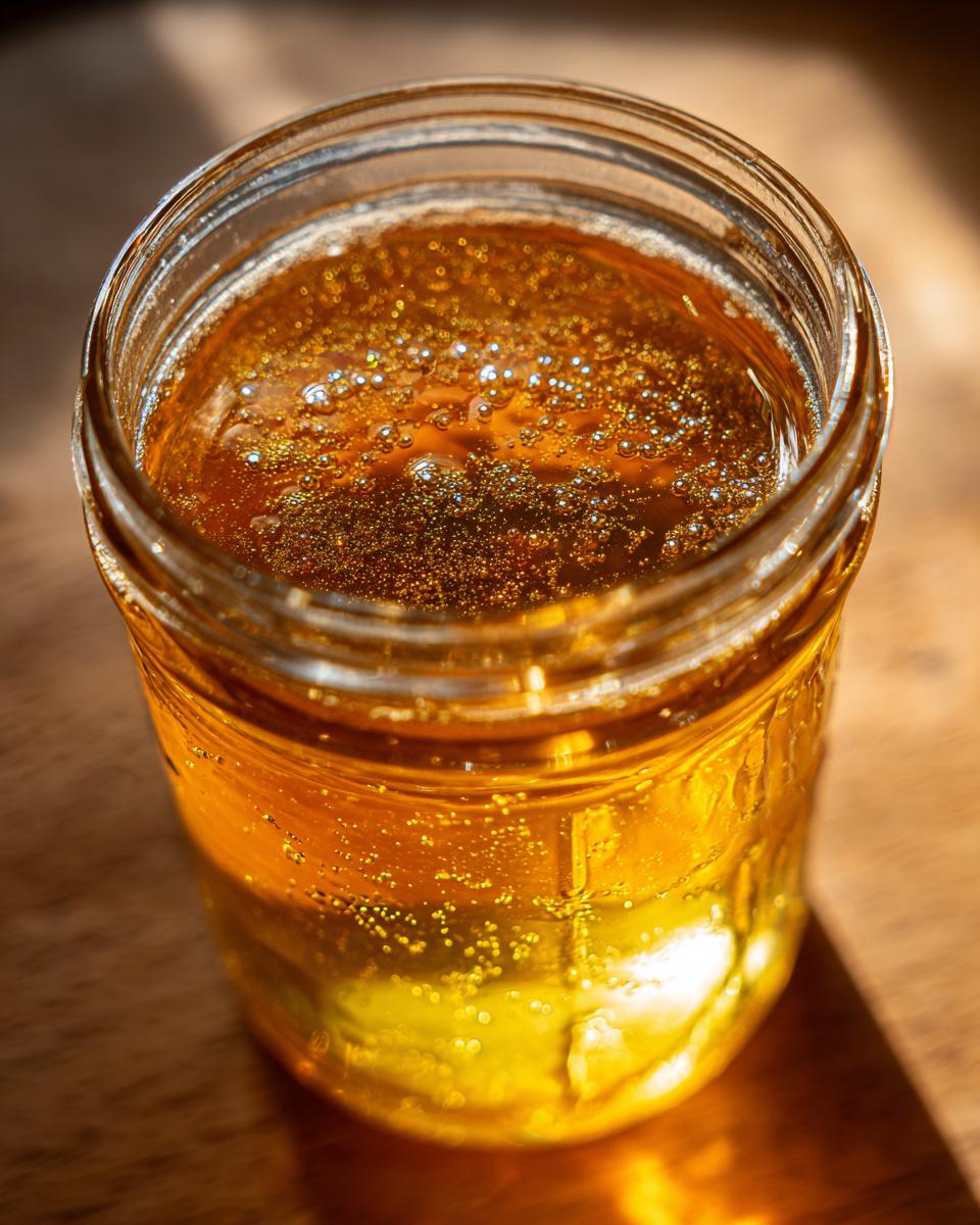 Close-up of a glass jar filled with golden, bubbly simple syrup.