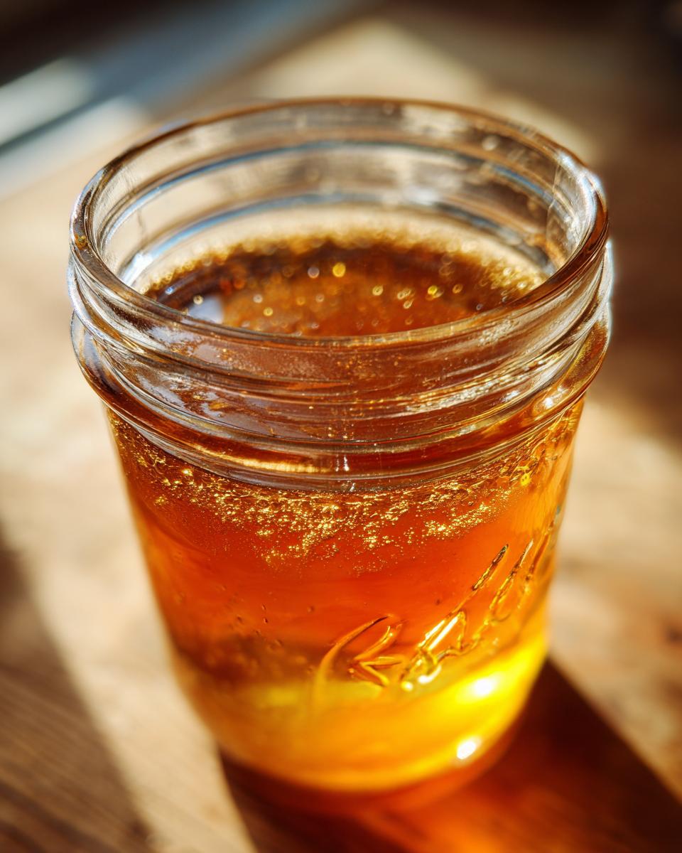 Close-up of amber-colored simple syrup in a glass jar, with light glinting off the surface.