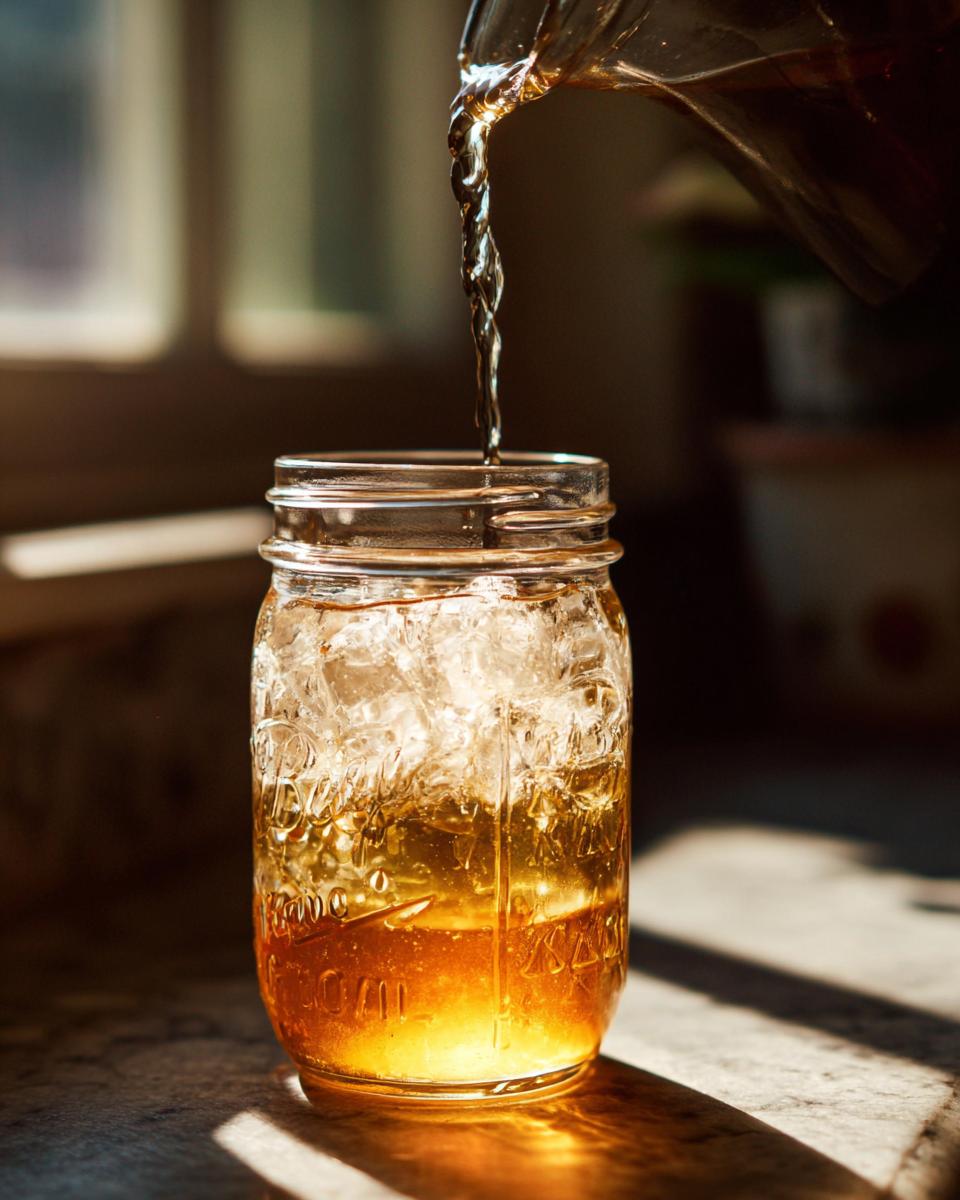 A stream of golden Simple Syrup being poured into a glass jar filled with ice and a beverage.
