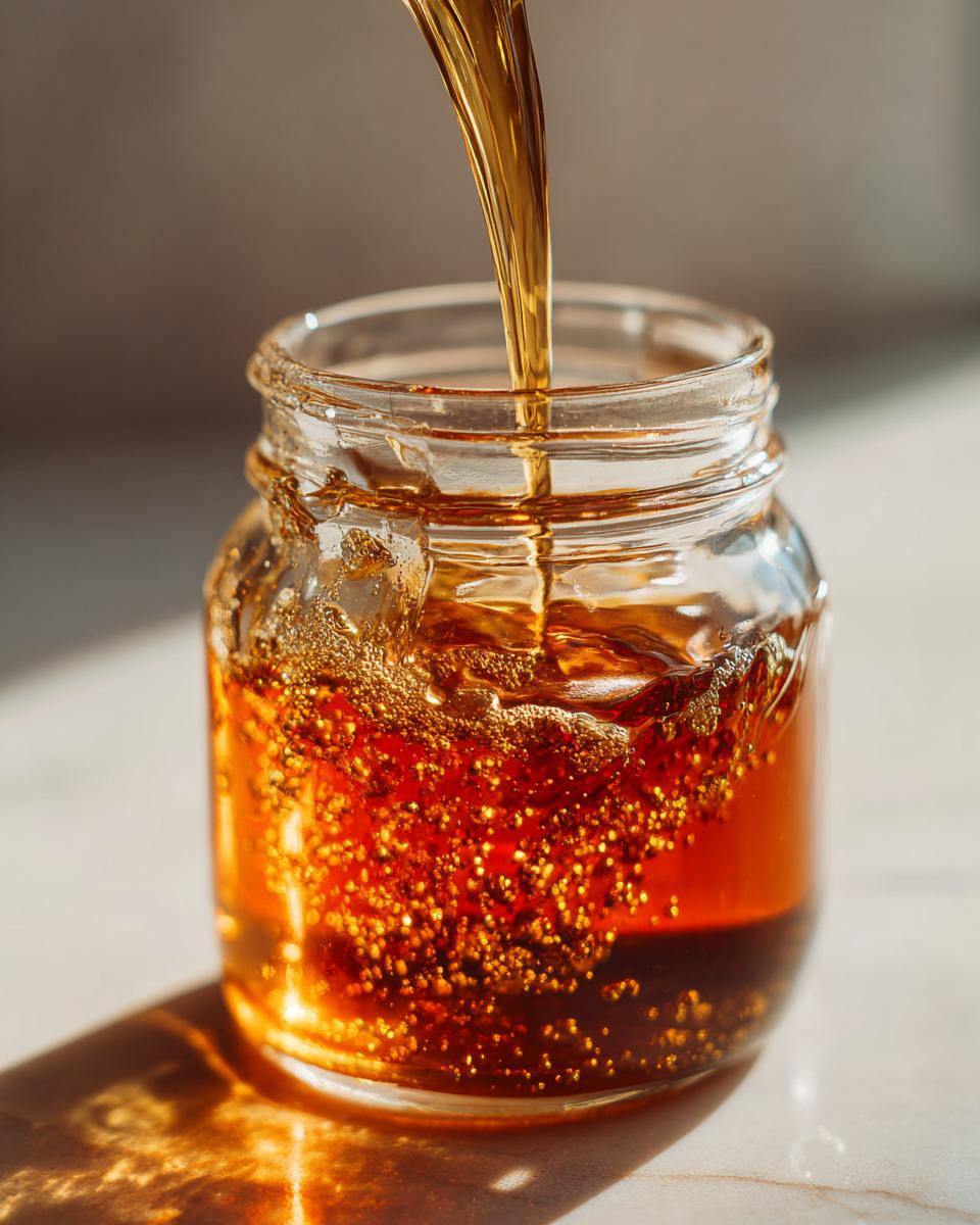 A stream of golden simple syrup being poured into a glass jar, creating bubbles.