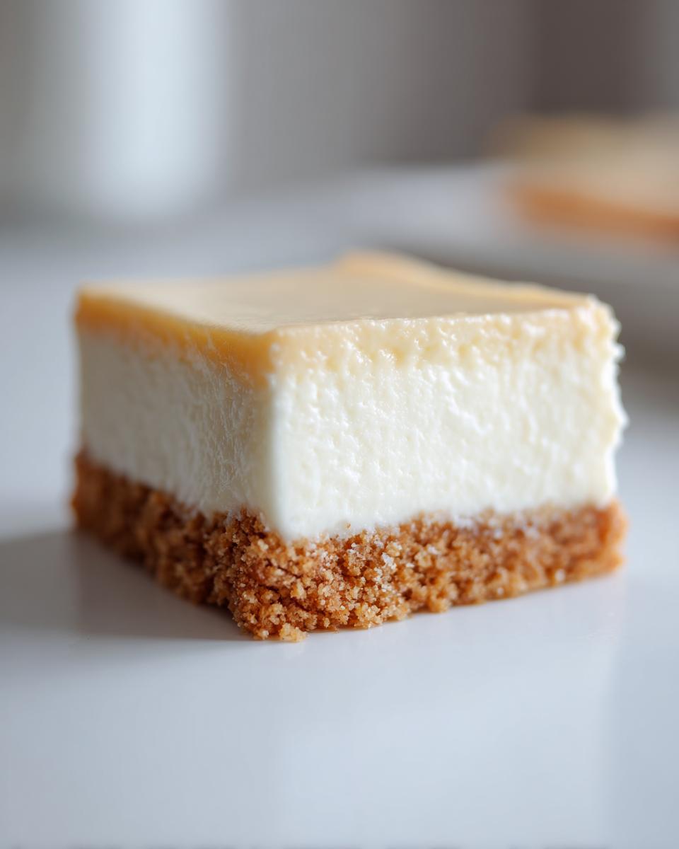 Close-up of a single, perfectly cut square of creamy Cheesecake Bars with a thick graham cracker crust.
