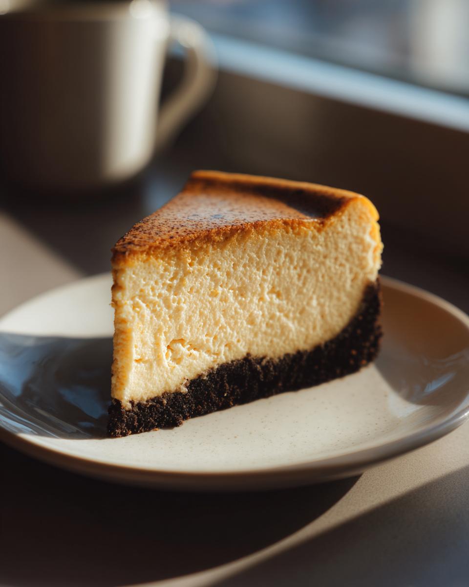 A perfect slice of creamy Coffee Cheesecake with a dark chocolate crust resting on a small plate.