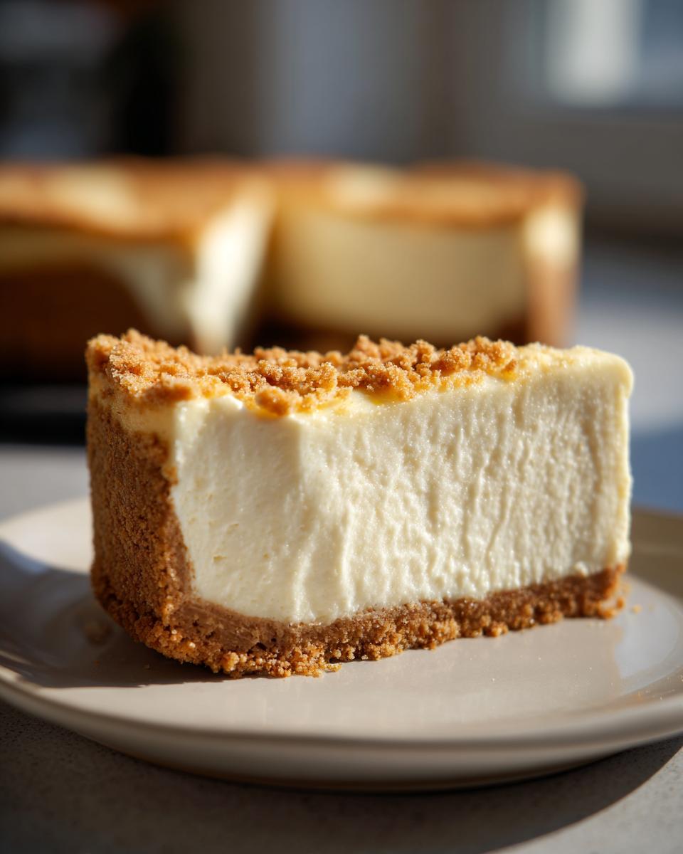 A thick slice of creamy No Bake Cheesecake with a graham cracker crust and crumb topping, sitting on a light plate.