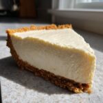A perfect slice of creamy No Bake Cheesecake with a thick graham cracker crust sitting on a light countertop.