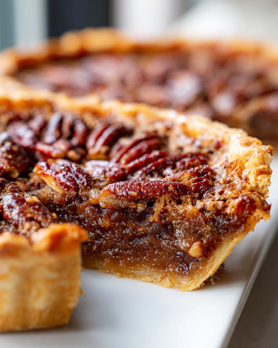 Close-up of a freshly baked slice of Pecan Pie showing the gooey filling and whole pecans on top.