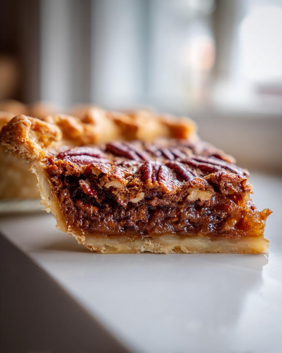 Close-up of a thick slice of rich, gooey Pecan Pie showing the flaky crust and pecan topping.