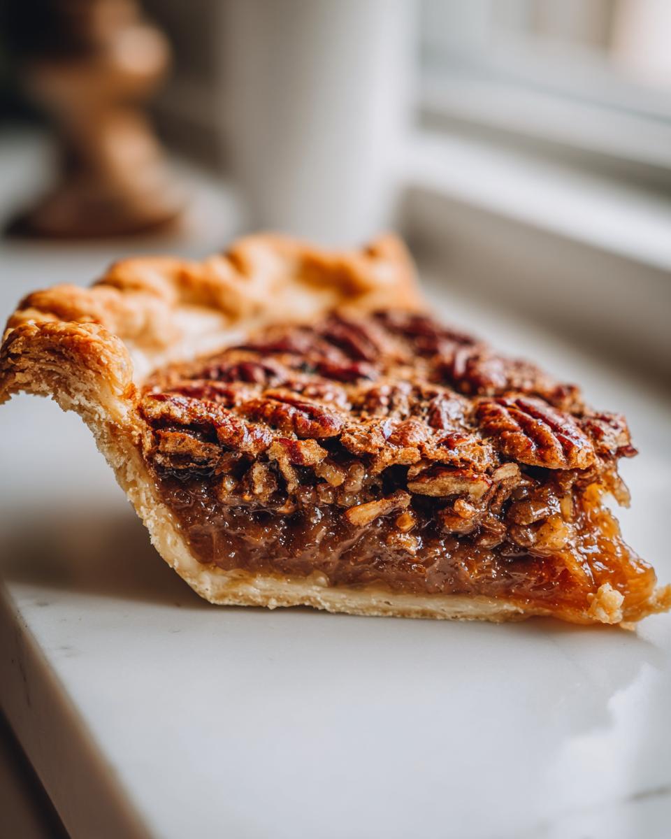 A close-up view of a rich, gooey slice of homemade Pecan Pie showing the flaky crust and pecan topping.