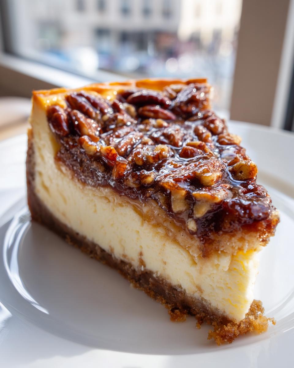 A perfect slice of Pecan Pie Cheesecake showing a graham cracker crust, creamy filling, and glossy pecan topping.