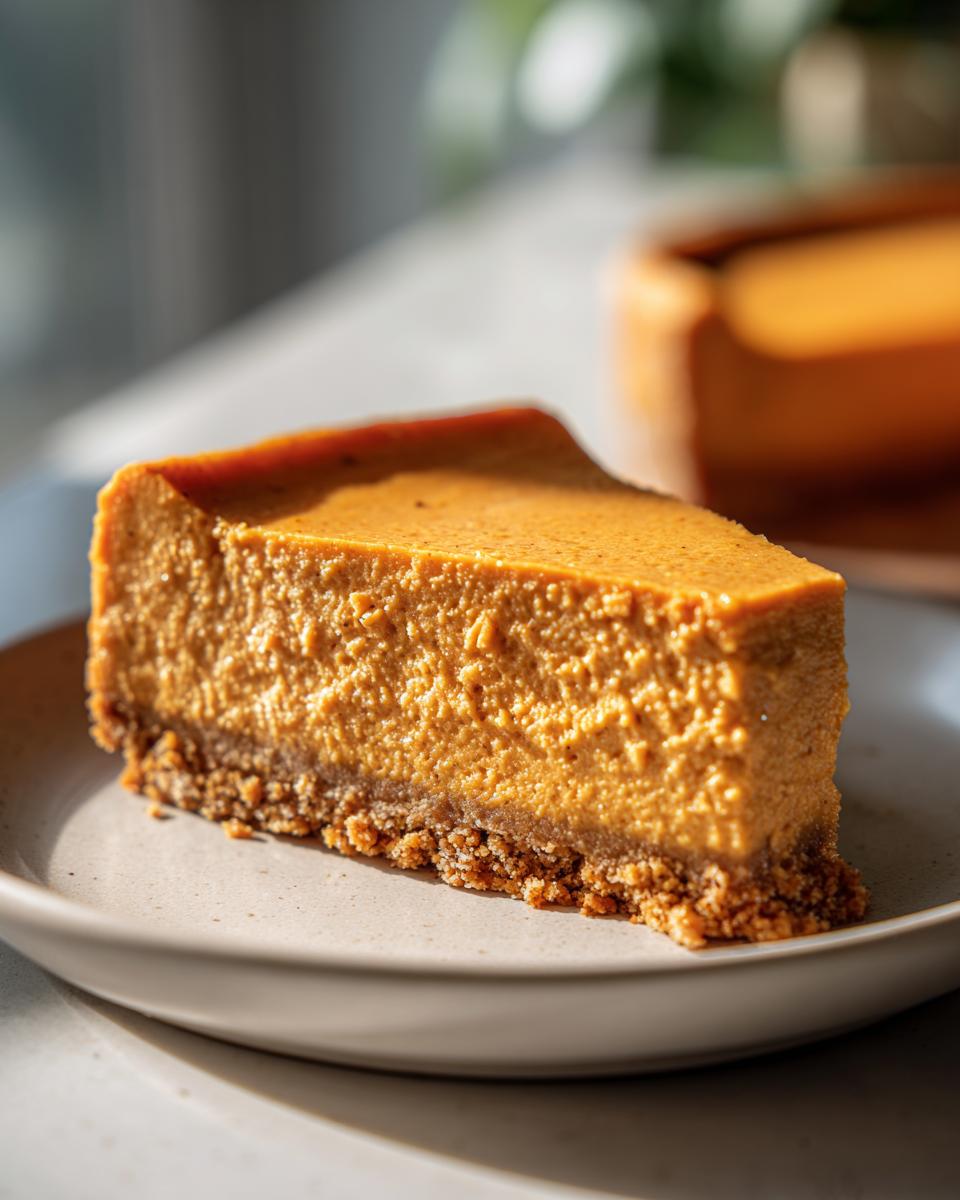 Close-up of a thick, creamy slice of orange Pumpkin Cheesecake resting on a light beige plate.
