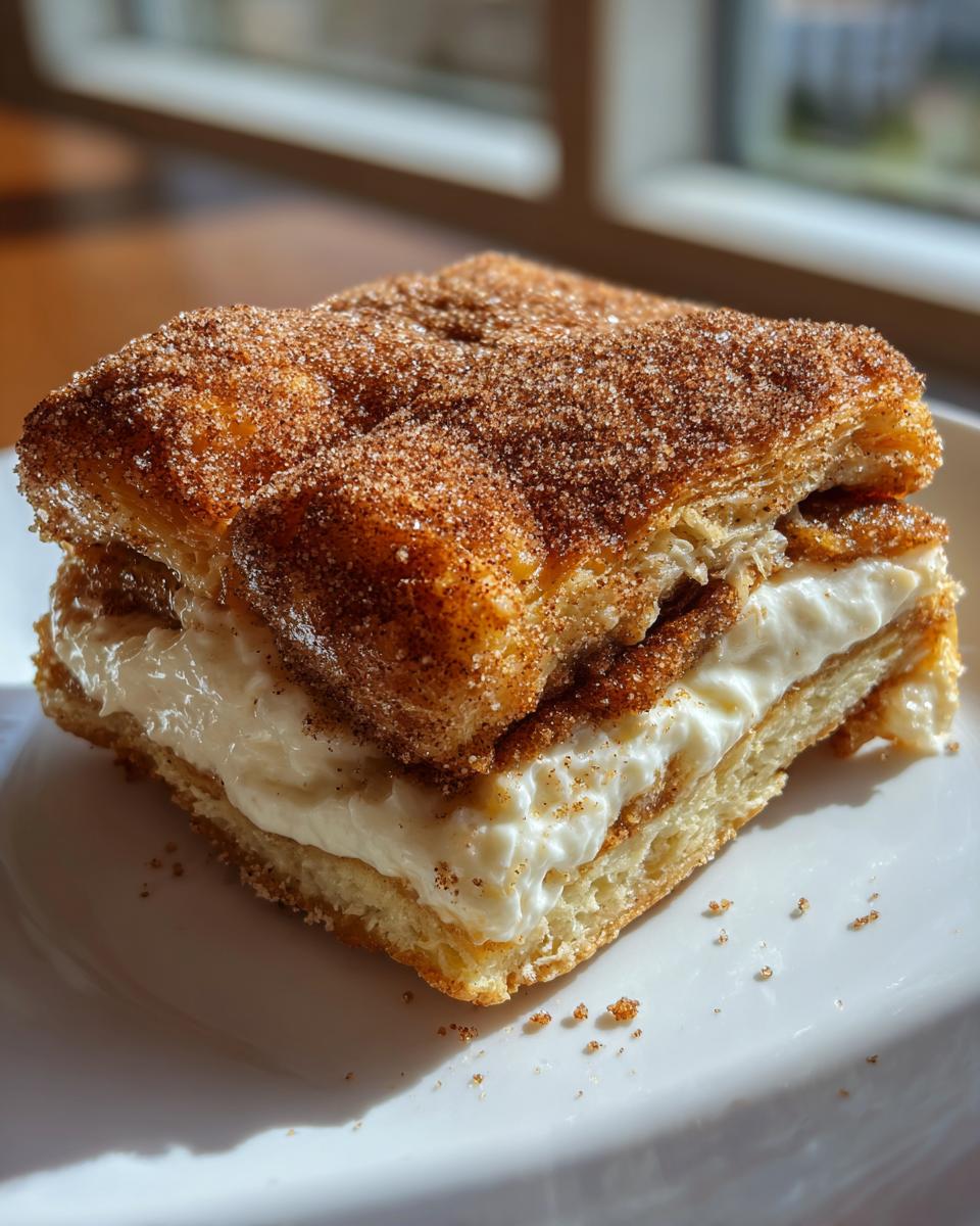 A thick square of Sopapilla Cheesecake Bars showing layers of flaky pastry, creamy filling, and cinnamon sugar topping.