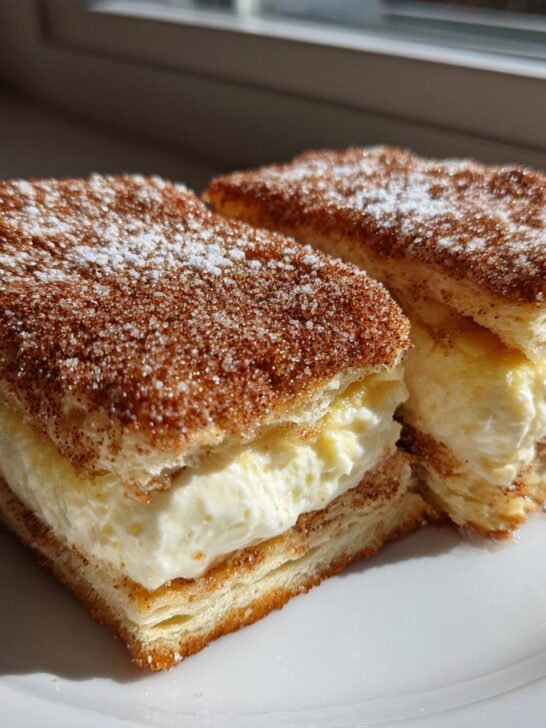 Two thick slices of Sopapilla Cheesecake Bars layered with creamy filling and topped with cinnamon sugar.