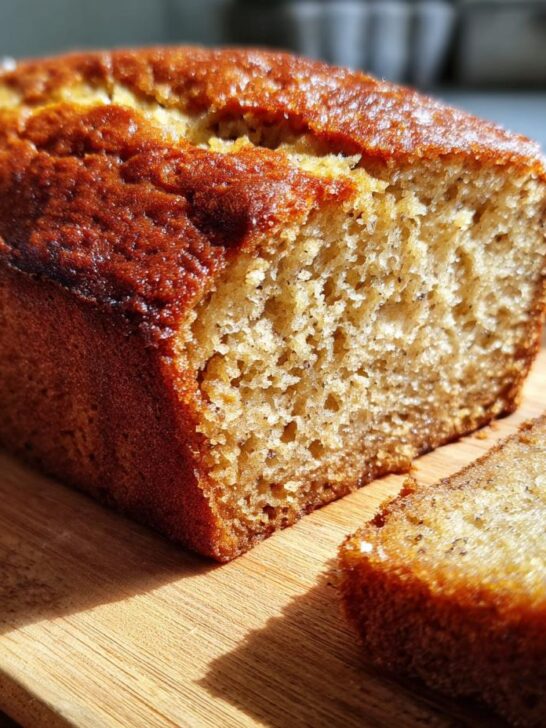 A close-up of an Irresistible Sour Cream Banana Bread loaf with one slice cut, showing its moist texture and banana flecks.