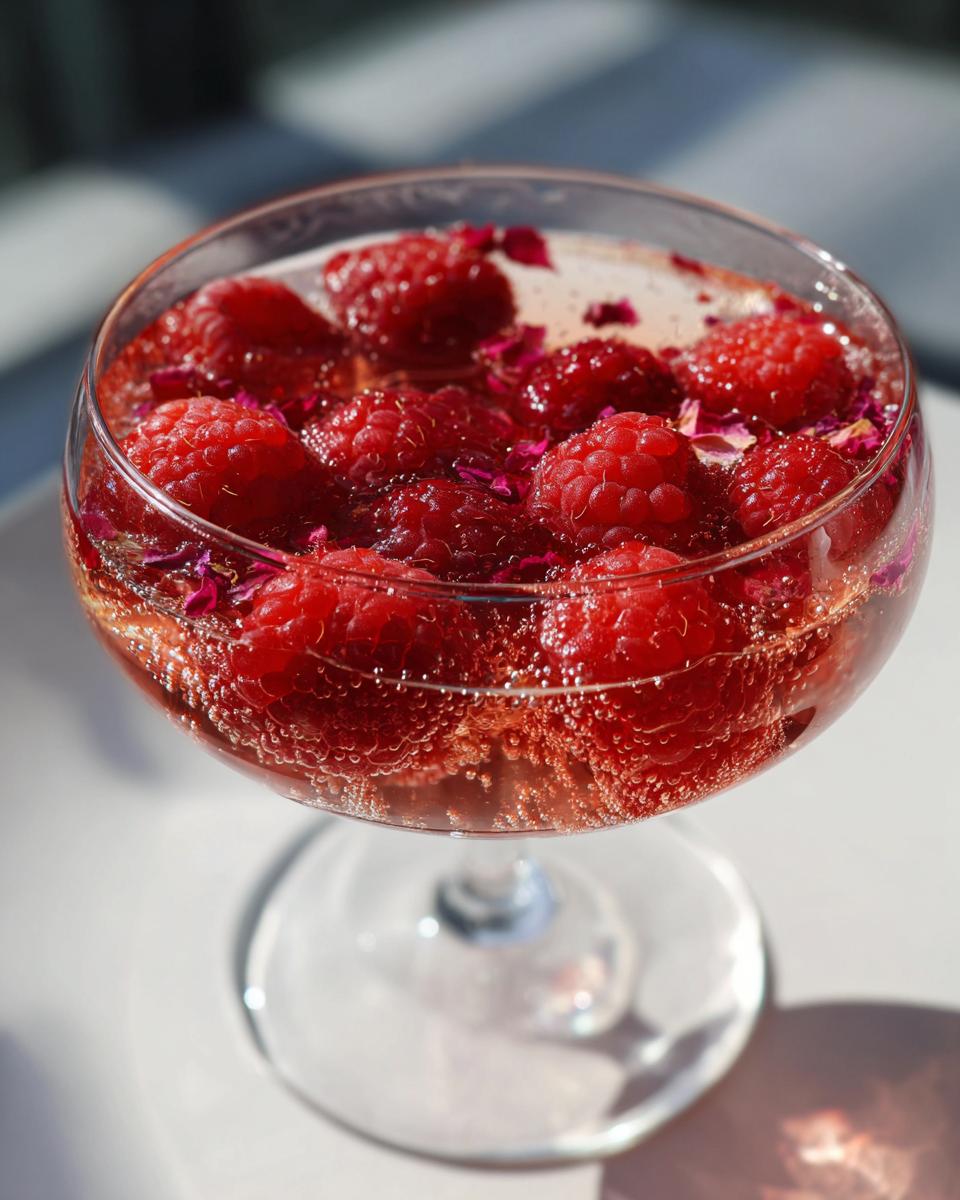 A close-up of a sparkling raspberry rose cocktail, a Valentines Day cocktail recipe, with fresh raspberries and rose petals.