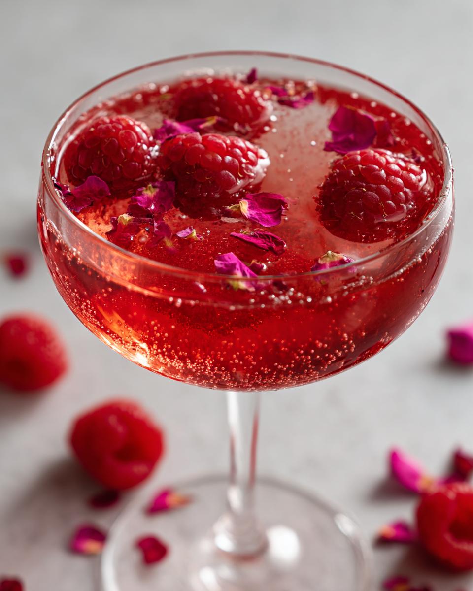 Close-up of a sparkling raspberry rose cocktail garnished with fresh raspberries and rose petals, perfect for Valentines Day.