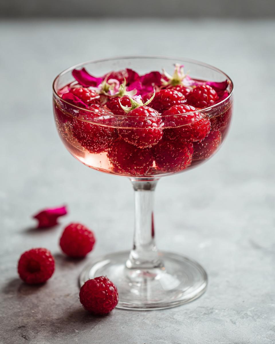 A sparkling raspberry rose cocktail in a coupe glass, garnished with fresh raspberries and rose petals. Perfect for Valentines Day Cocktail Recipes.