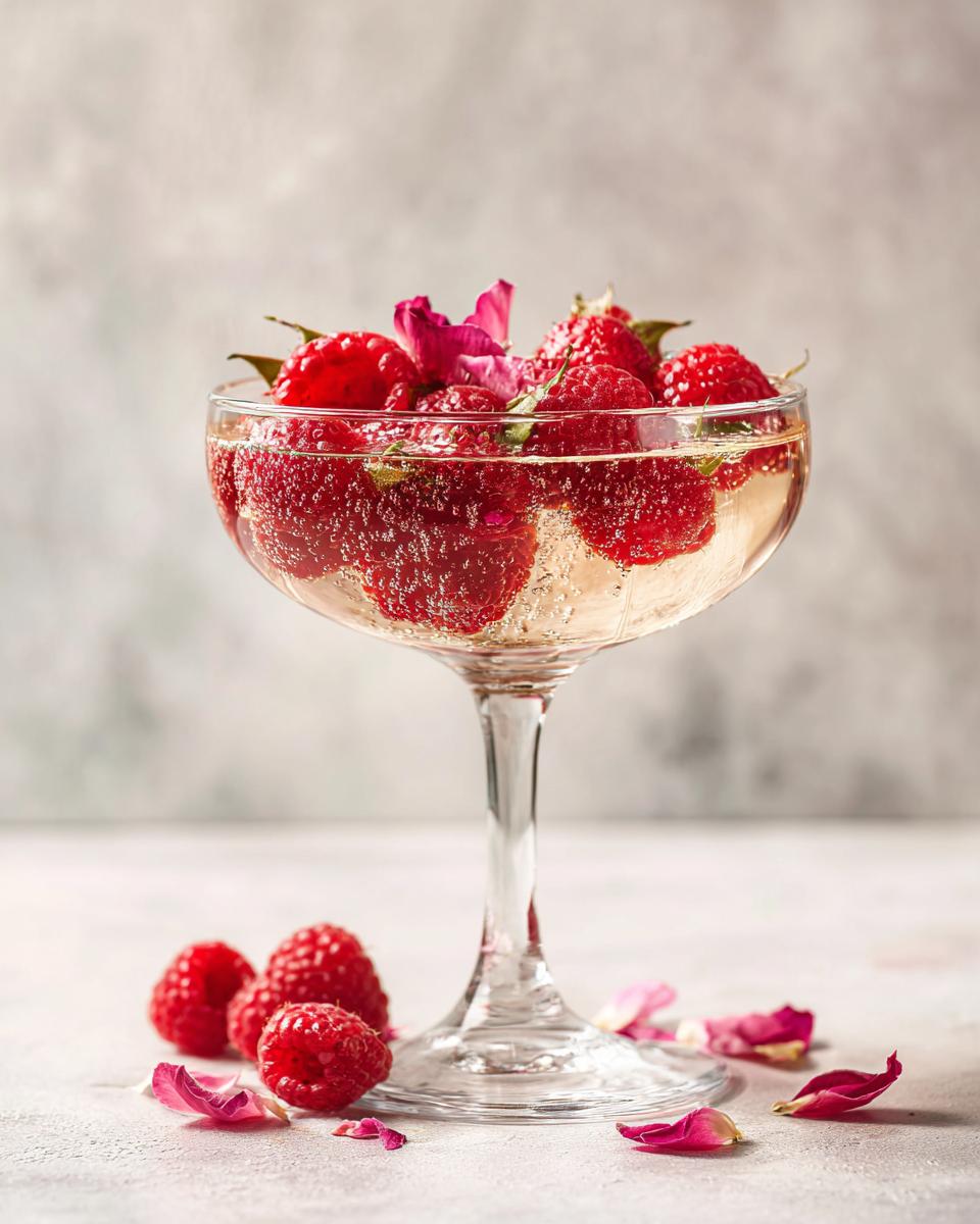 A romantic Valentines Day cocktail with raspberries and rose petals in a coupe glass, perfect for Valentines Day Cocktail Recipes.