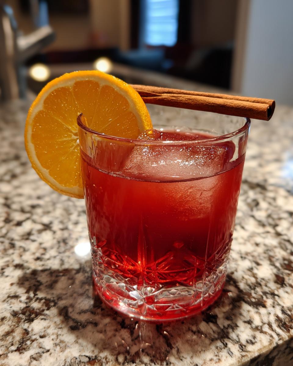A festive red cocktail with ice, garnished with an orange slice and cinnamon stick, perfect for Cold Weather Weekend Cocktails.
