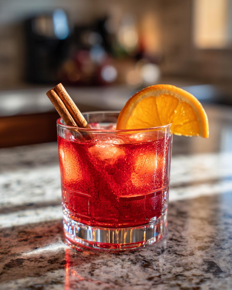 A vibrant red cocktail with ice, garnished with an orange slice and cinnamon stick, perfect for Cold Weather Weekend Cocktails.