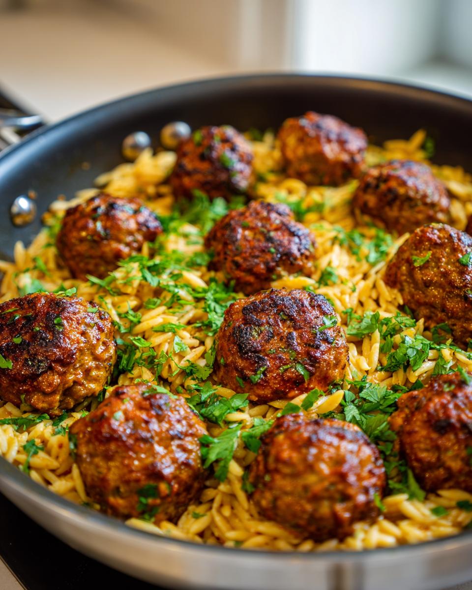 Close-up of Spicy Curry Vegan Meatballs Orzo dish in a pan, garnished with fresh parsley.
