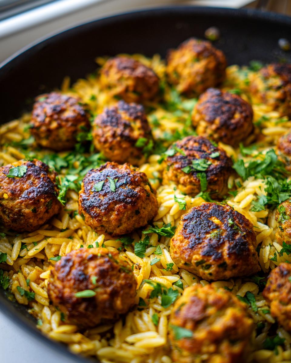 Close-up of Spicy Curry Vegan Meatballs Orzo, garnished with fresh parsley, in a pan.