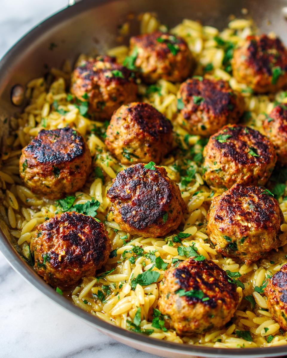 Close-up of pan-seared Spicy Curry Vegan Meatballs Orzo, garnished with fresh parsley.