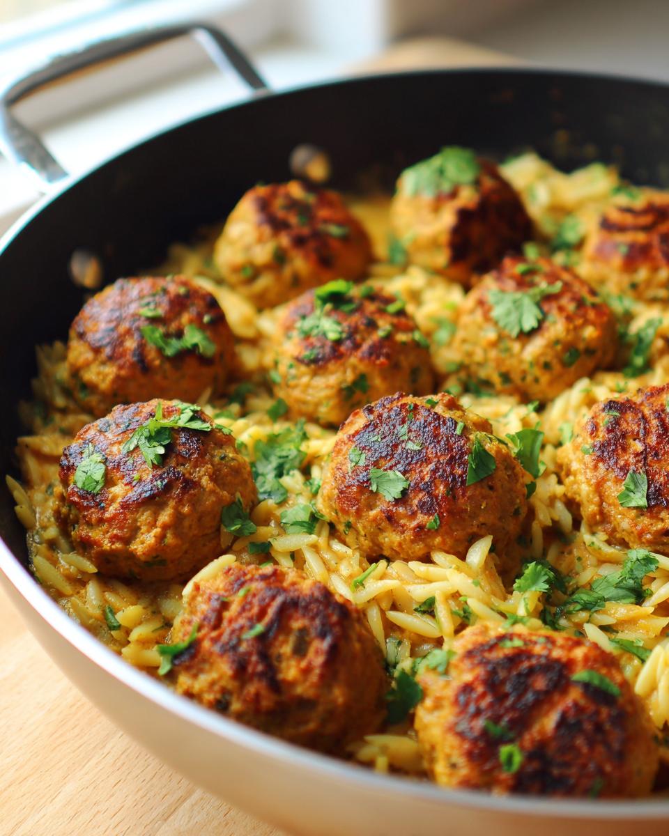 Close-up of Spicy Curry Vegan Meatballs Orzo in a pan, garnished with fresh cilantro.