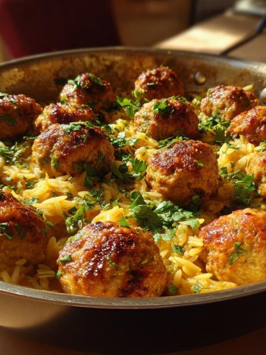 A close-up of a pan filled with Spicy Curry Vegan Meatballs Orzo, garnished with fresh parsley.