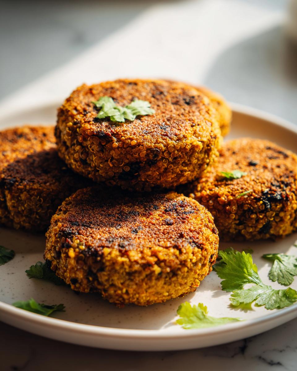 A close-up of several golden-brown Spicy Jamaican Lentil Quinoa Vegan Patties on a plate, garnished with fresh cilantro.