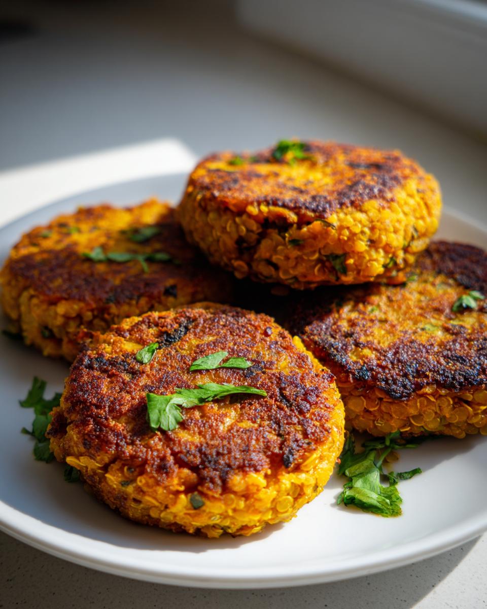 Close-up of four golden-brown Spicy Jamaican Lentil Quinoa Vegan Patties garnished with fresh parsley on a white plate.