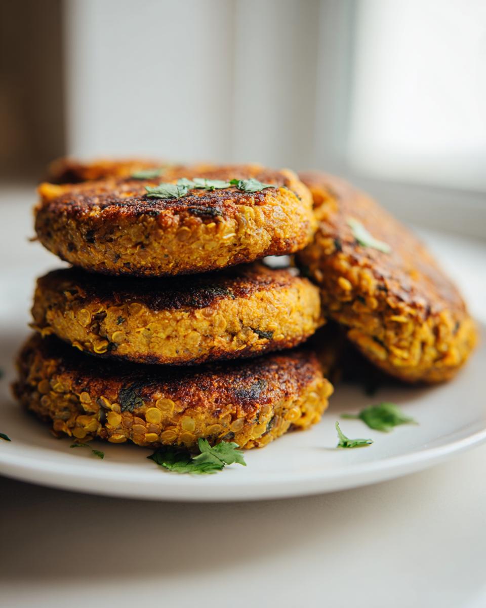 A stack of four golden-brown Spicy Jamaican Lentil Quinoa Vegan Patties, garnished with fresh cilantro, on a white plate.