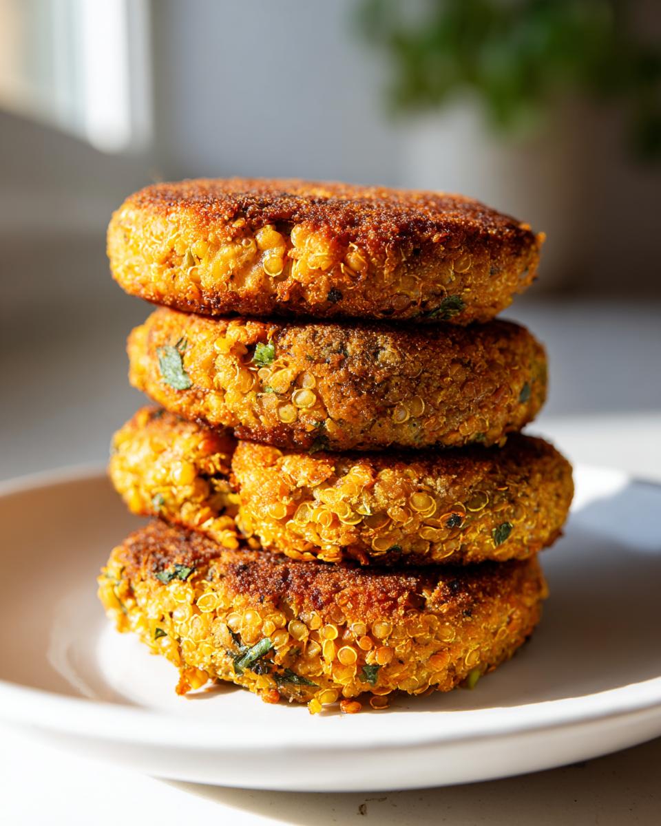 A stack of four golden-brown Spicy Jamaican Lentil Quinoa Vegan Patties on a white plate.