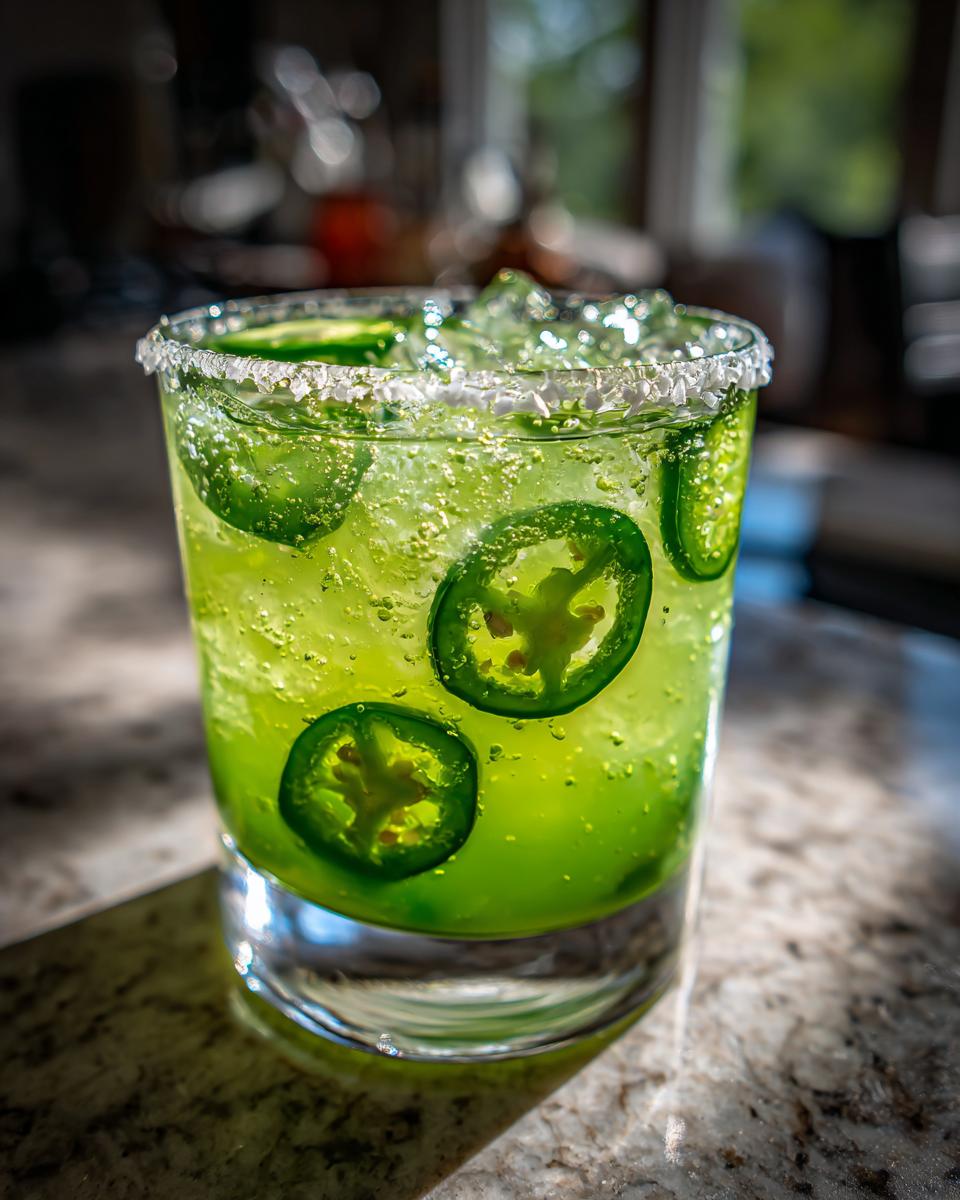 A vibrant green spicy margarita cocktail with jalapeño slices and a salt rim, perfect for Super Bowl.