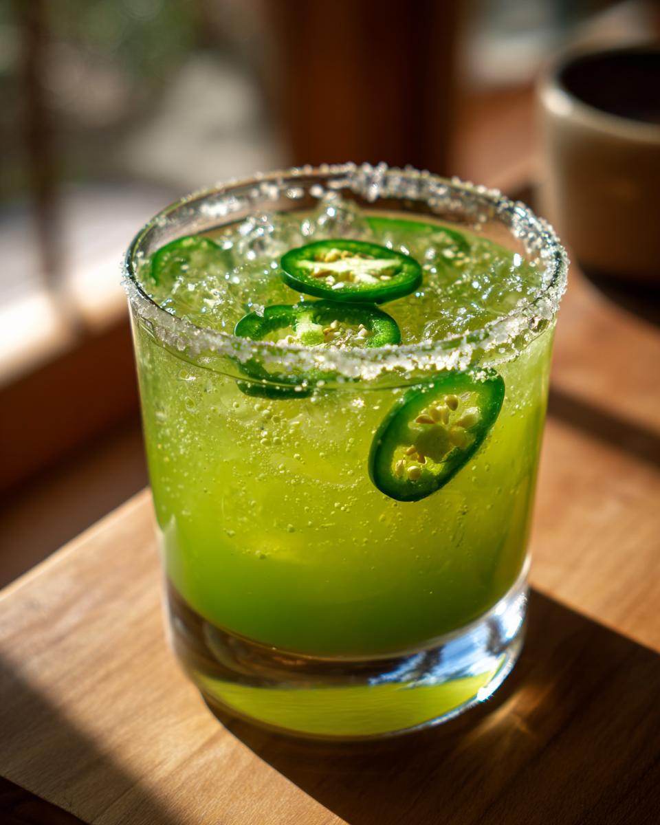 A vibrant green spicy margarita cocktail garnished with fresh jalapeño slices and a salt rim, perfect for Super Bowl cocktails.