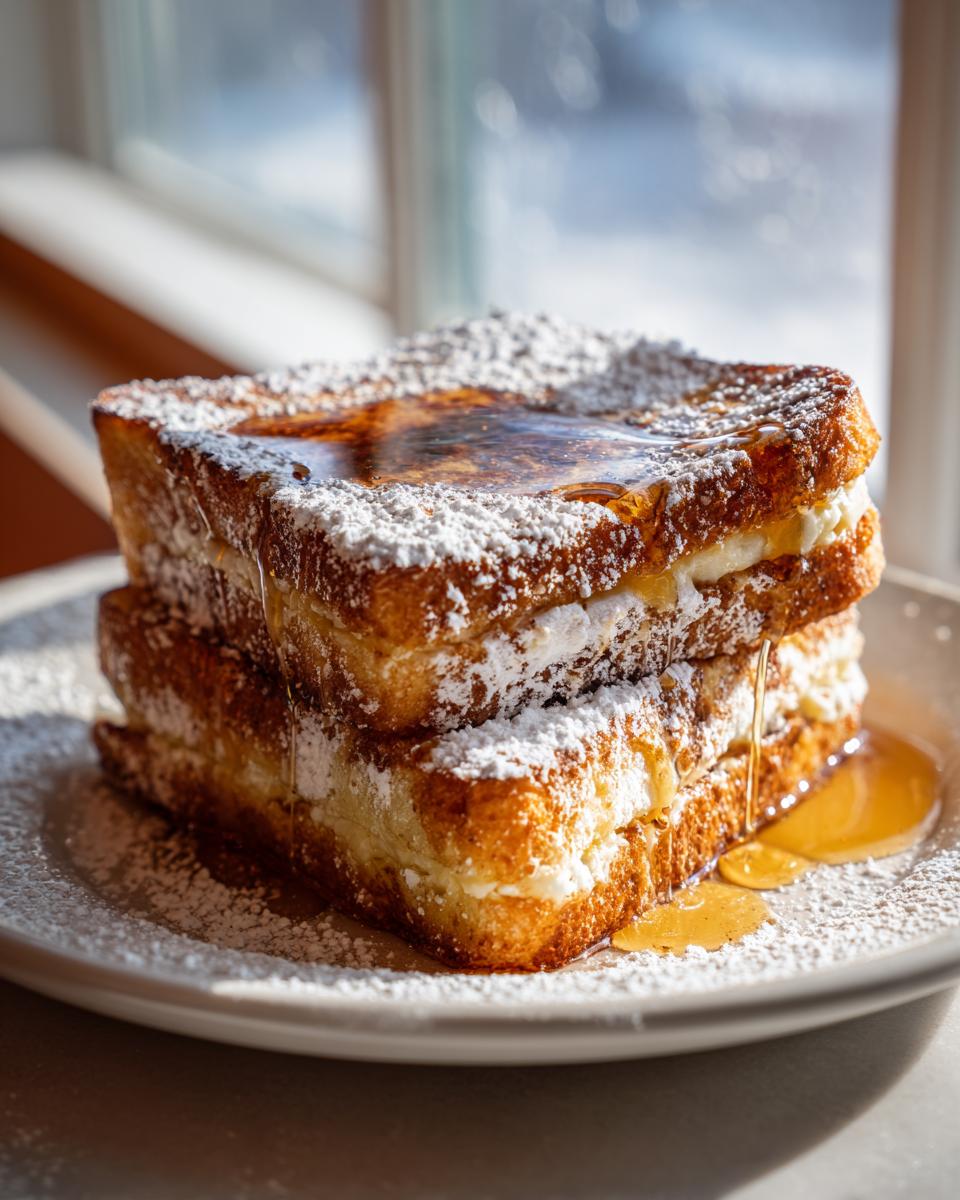 A tall stack of thick Eggnog French Toast, dusted with powdered sugar and drizzled with syrup.
