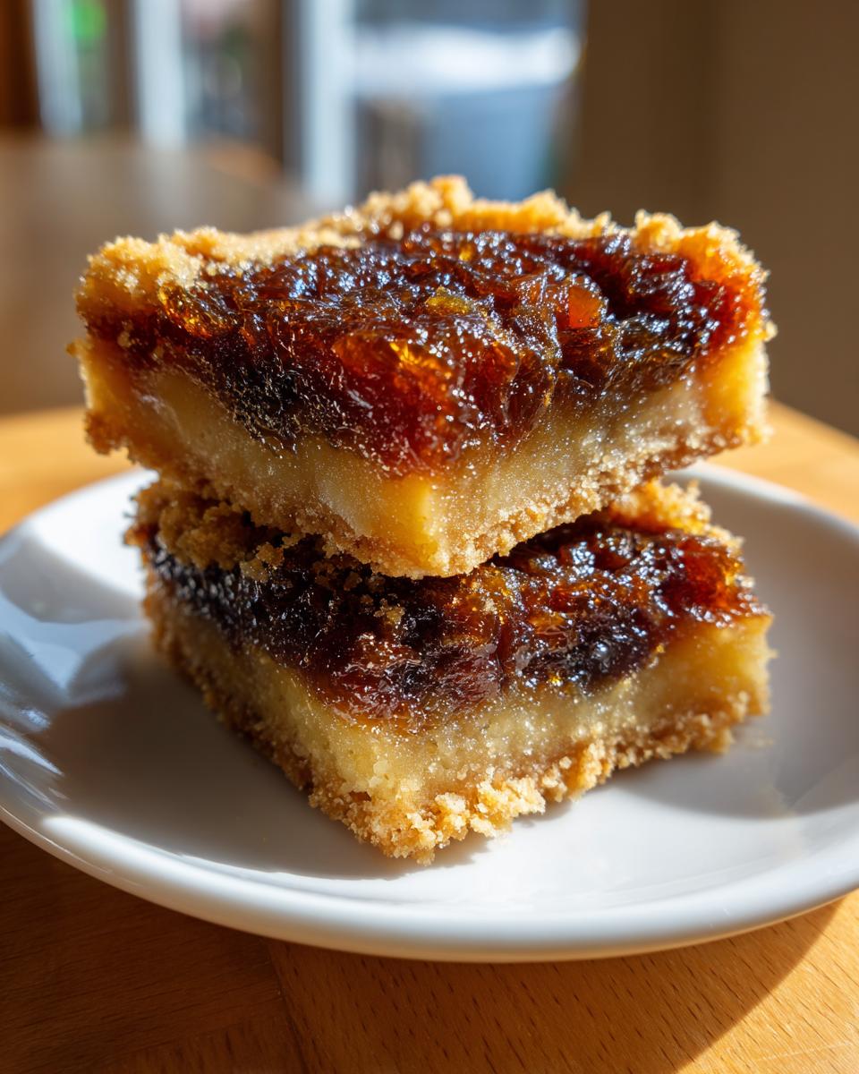 Two stacked Butter Tart Squares showing a thick, gooey, dark amber filling over a shortbread crust.
